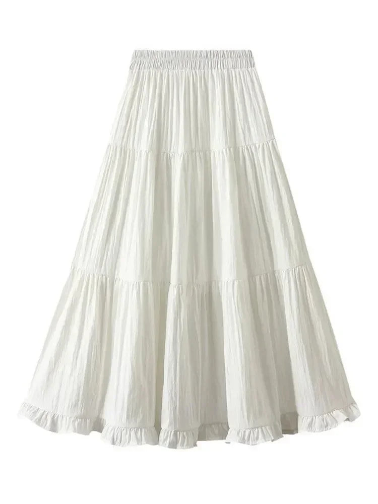 Women Pleated Skirt Patchwork Ruffled - A-Line Midi Women Skirt