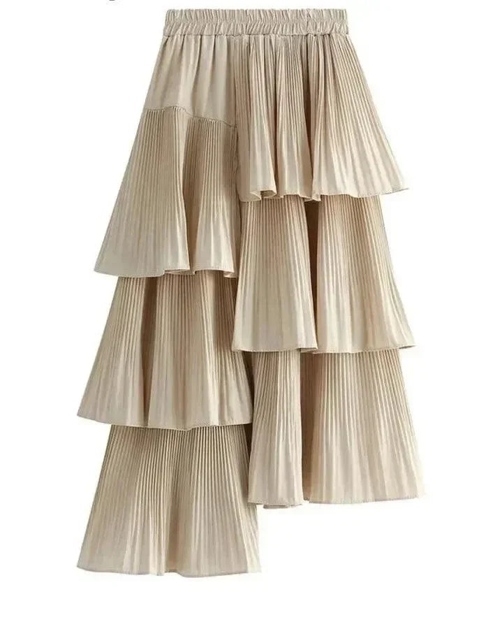 Women Pleated Skirt Ruffled Asymmetric - High Waist Midi Women Skirt