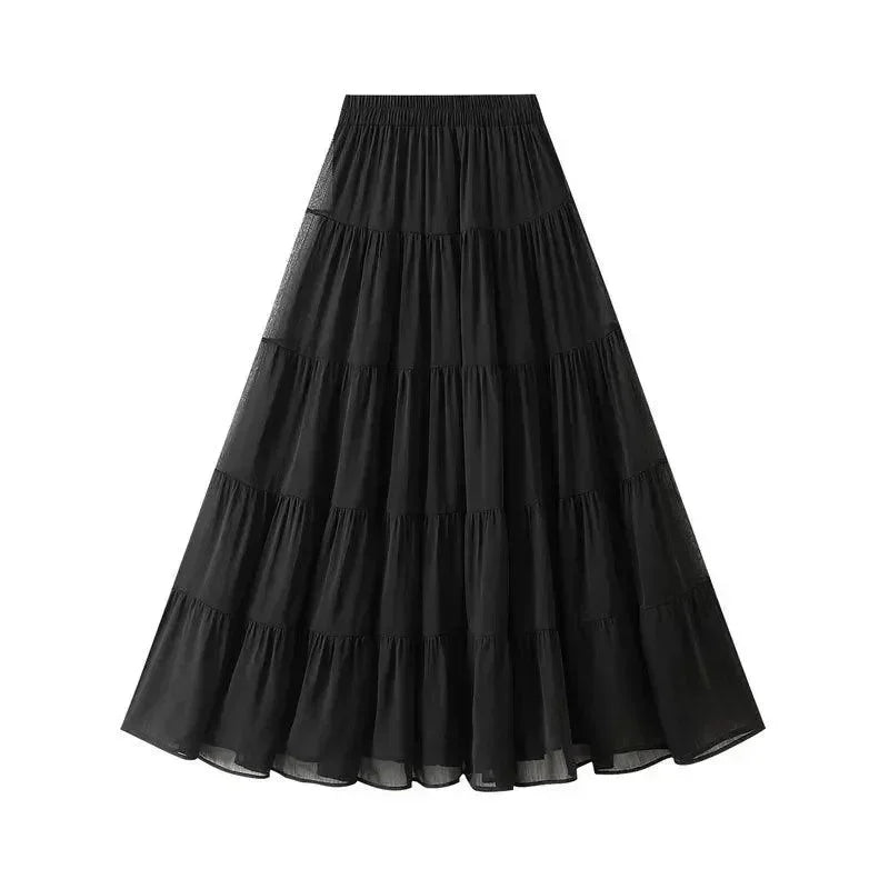 Women's High Waist Pleated Skirt - Elegant Midi Patchwork Mesh Skirt