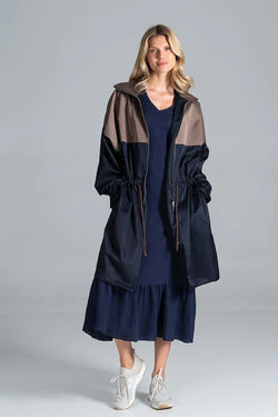 Women's Parka - Drawstring Waist Casual - Navy, Brown - Guocali