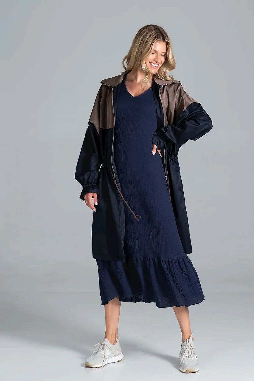 Women's Parka - Drawstring Waist Casual - Navy, Brown