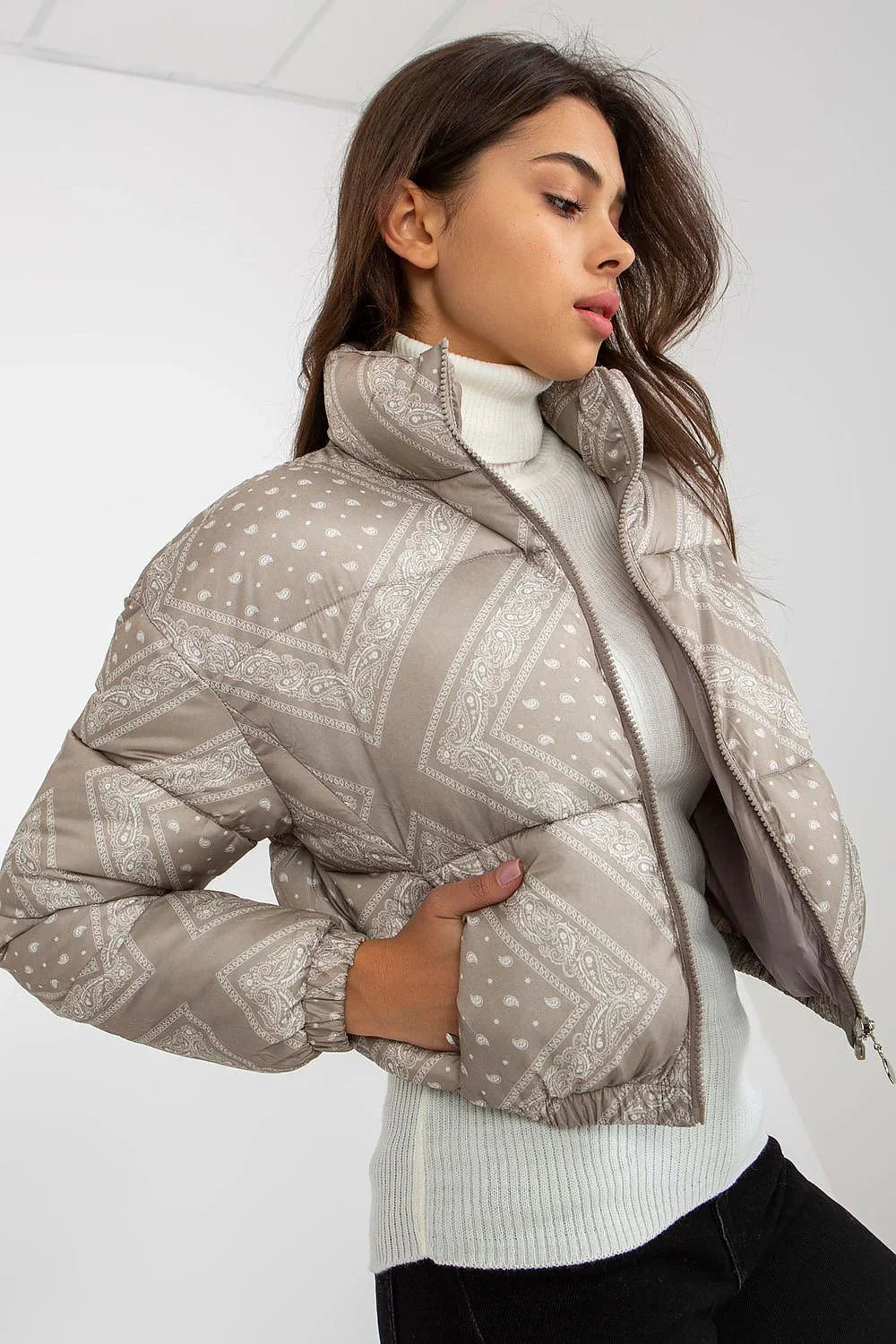 Women's Puffer Jacket, Cropped Jacket - Lightweight Chic, Casual - Beige