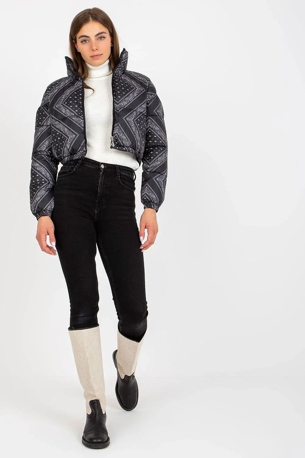 Women's Puffer Jacket, Cropped Jacket - Lightweight Chic, Casual - Beige