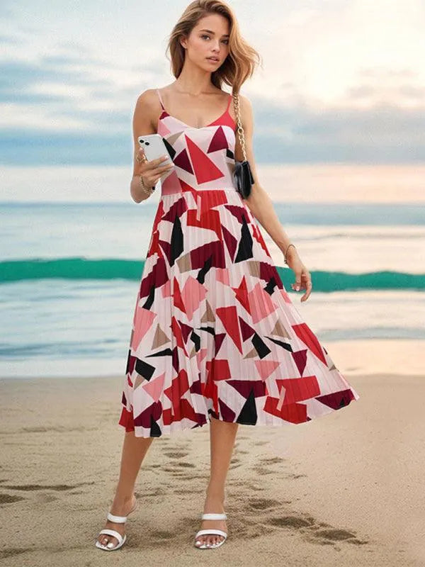 Women's Sling Geometric Print A-Line Midi Dress -Guocali