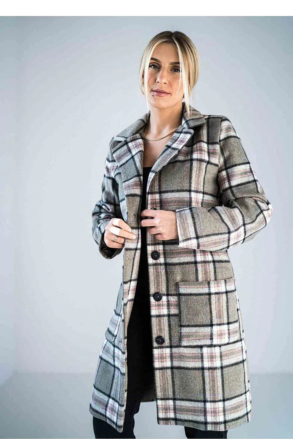 Women's Wool Coat - With Pockets Chic, Professional - Checkered