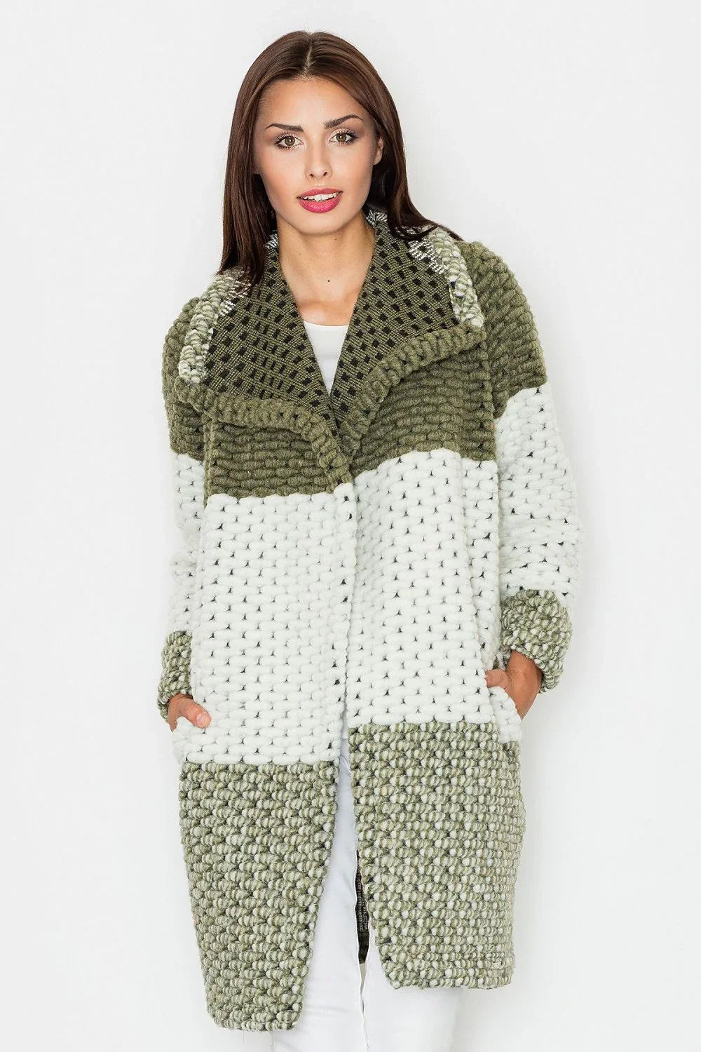 Women's Wool Coat, Wrap Coat - With Pockets Chic, Casual, White
