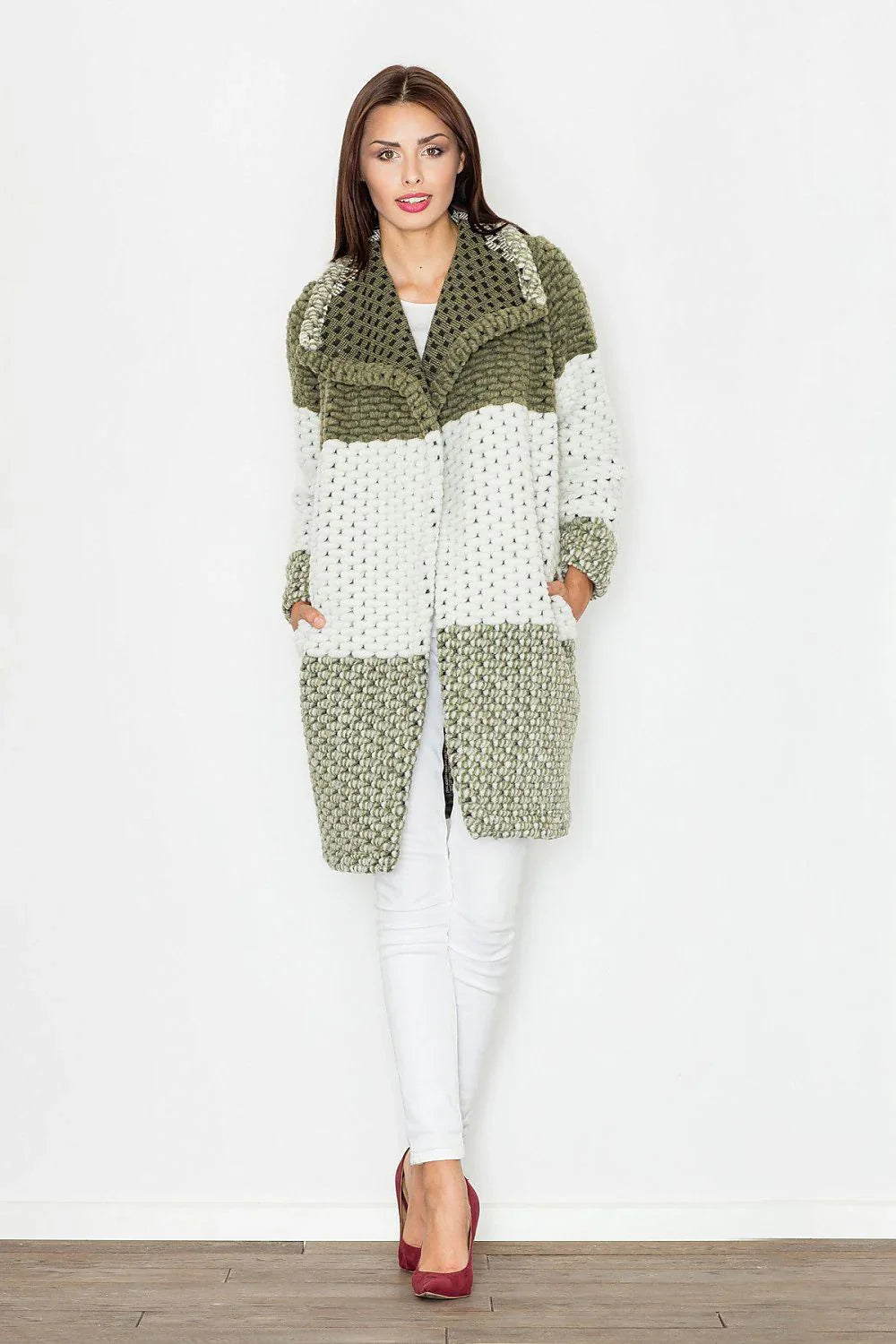 Women's Wool Coat, Wrap Coat - With Pockets Chic, Casual, White