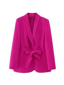 Women Suit Jacket - Lightweight - Beltted, Tie, Wrap, Rose Red - Guocali