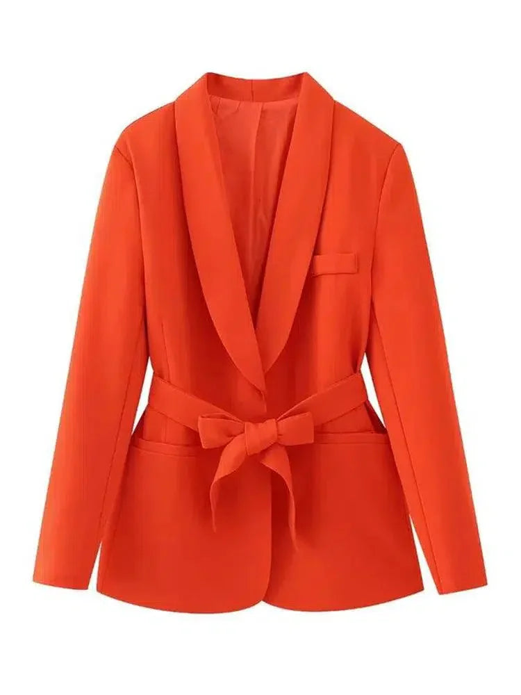 Women Suit Jacket - Lightweight - Beltted, Tie, Wrap, Rose Red