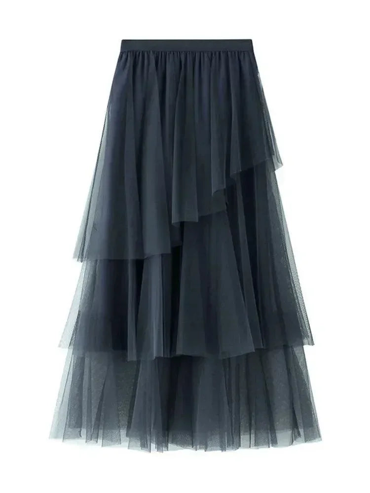 Women Tiered Skirt Asymmetric Mesh - High Waist Midi Women Skirt
