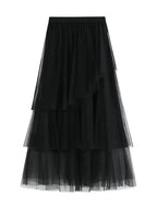 Women Tiered Skirt Asymmetric Mesh - High Waist Midi Women Skirt