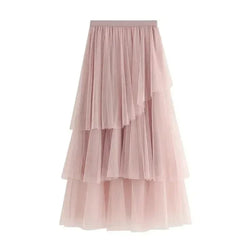 Women Tiered Skirt Asymmetric Mesh - High Waist Midi Women Skirt - Guocali