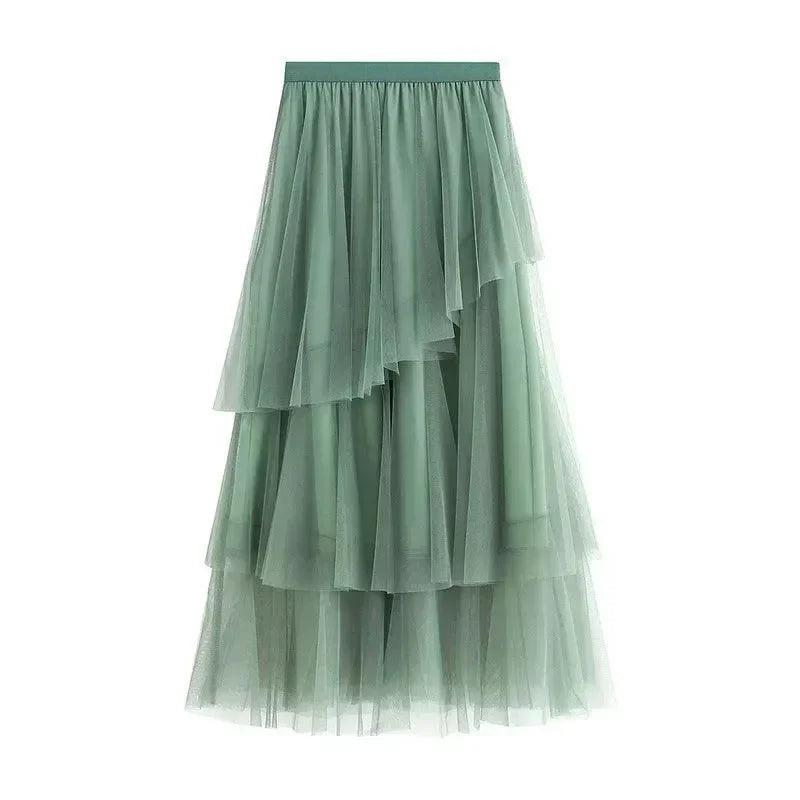 Women Tiered Skirt Asymmetric Mesh - High Waist Midi Women Skirt