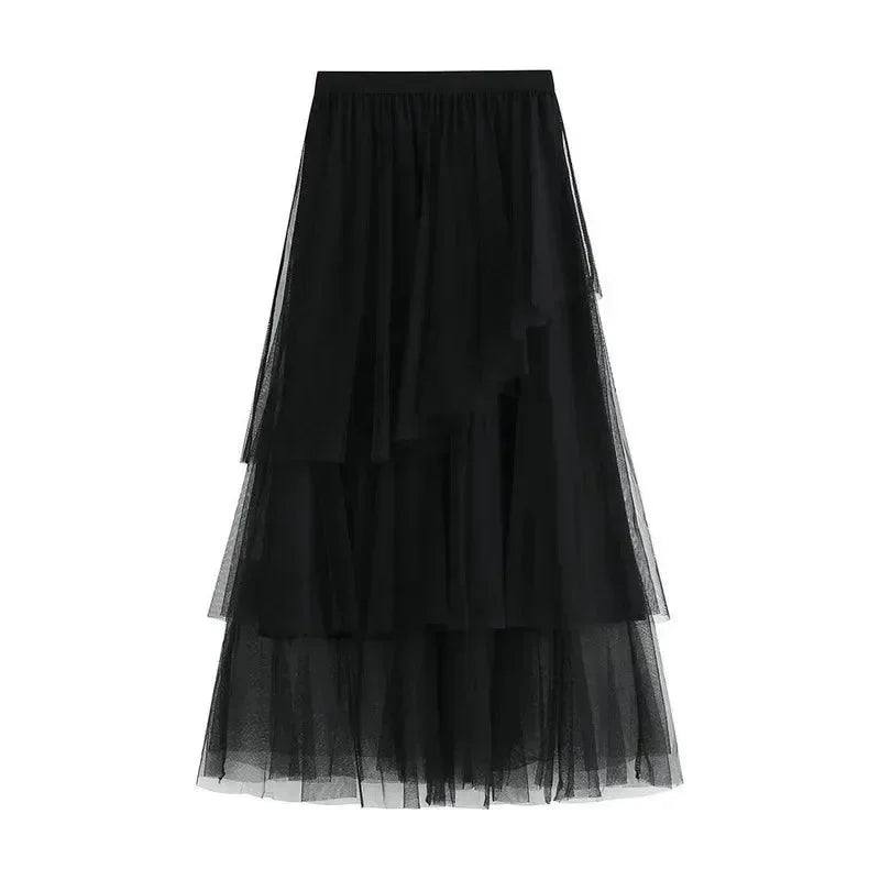Women Tiered Skirt Asymmetric Mesh - High Waist Midi Women Skirt
