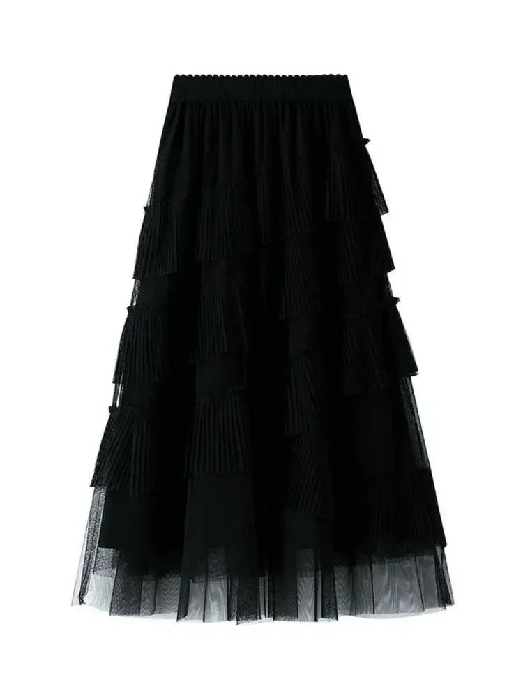 Women Tiered Skirt Vintage Mesh Ruffled - High Waist Midi Women Skirt