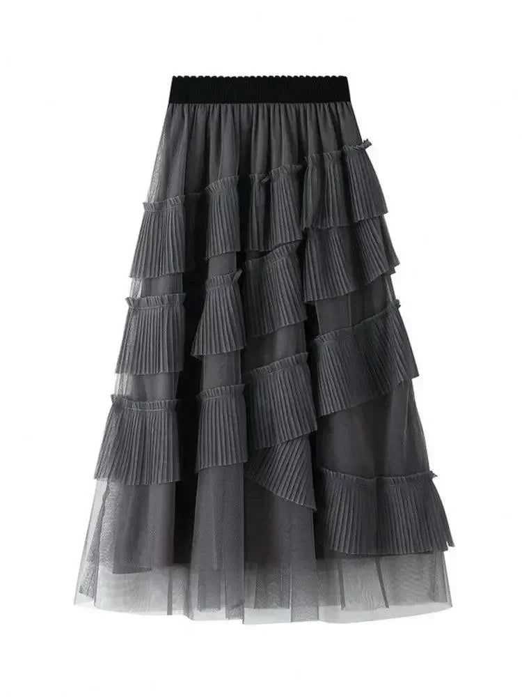 Women Tiered Skirt Vintage Mesh Ruffled - High Waist Midi Women Skirt