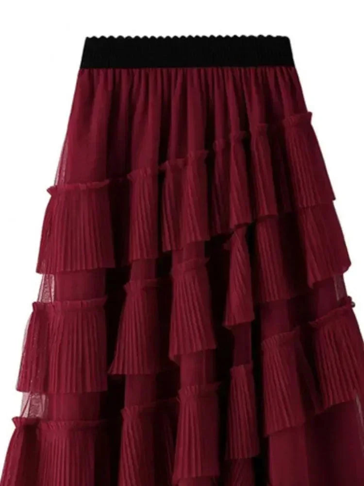 Women Tiered Skirt Vintage Mesh Ruffled - High Waist Midi Women Skirt