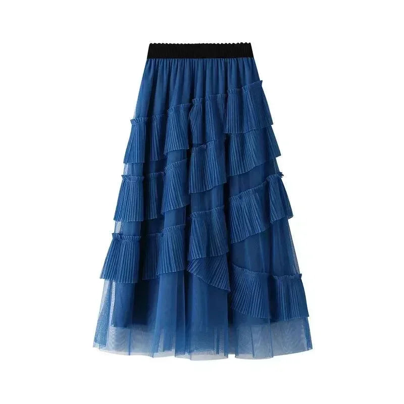 Women Tiered Skirt Vintage Mesh Ruffled - High Waist Midi Women Skirt