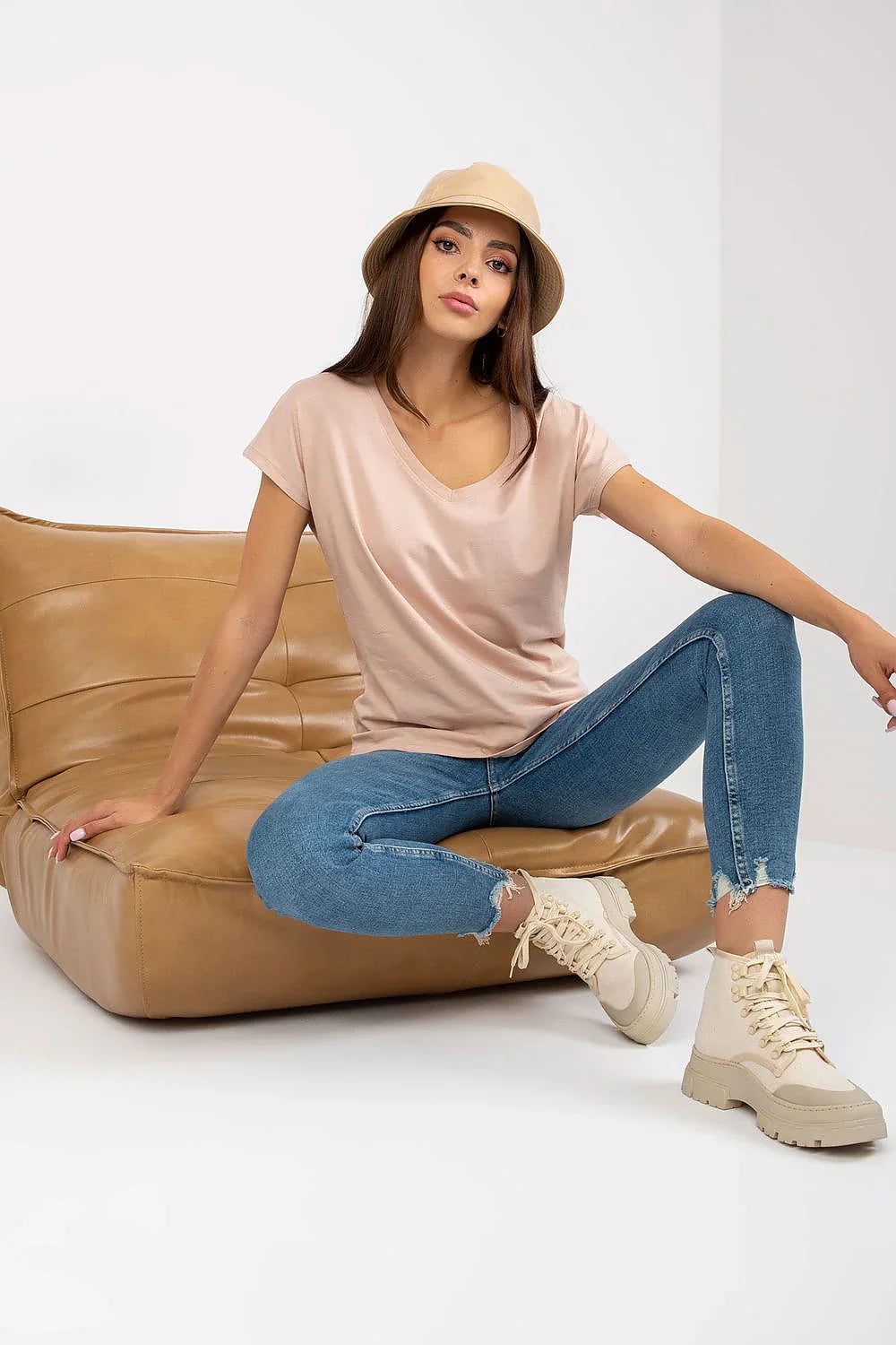 Women V-Neck Short-Sleeves T-Shirt – Stretchable - Beige -Guocali
