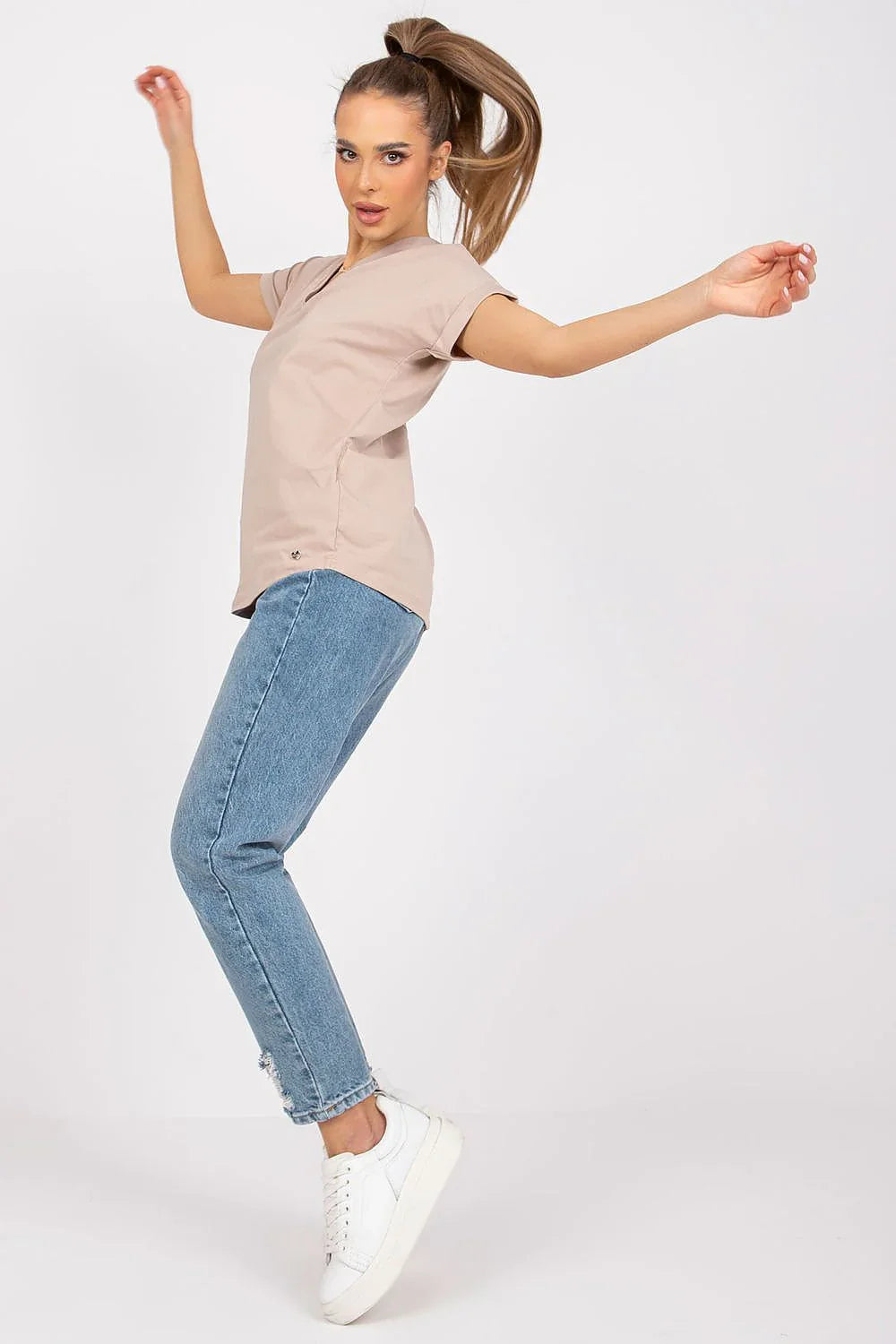 Women V-Neck Short-Sleeves T-Shirt – Stretchable - Beige -Guocali