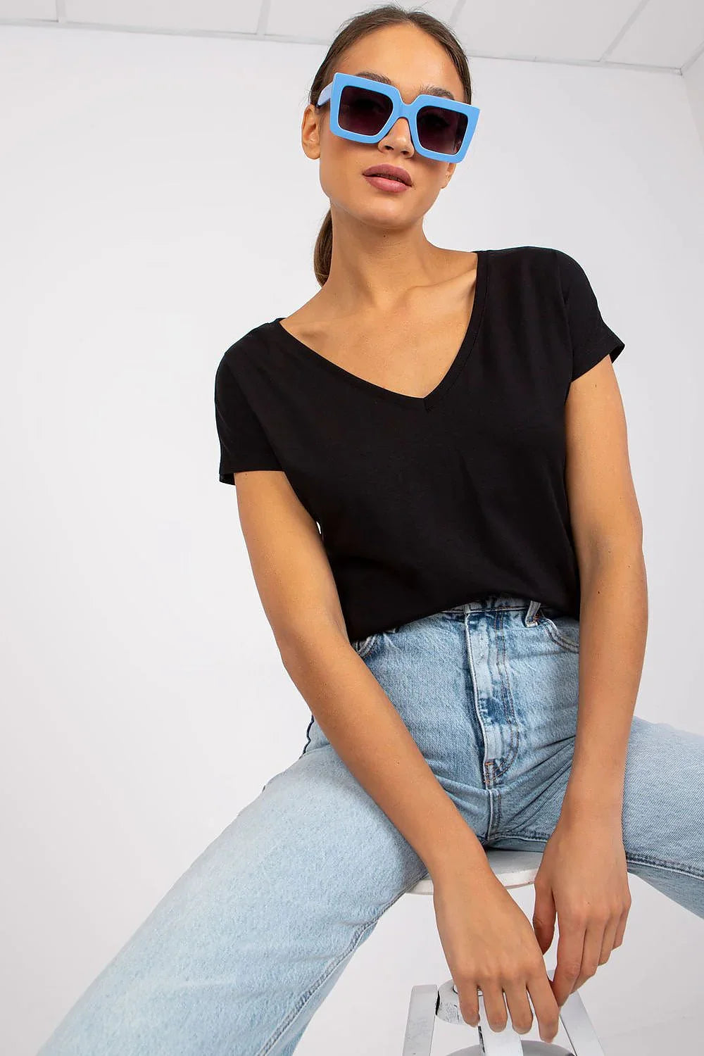 Women V-Neck Short-Sleeves T-Shirt – Stretchable - Black -Guocali