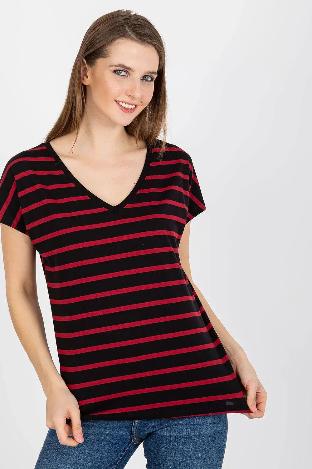 Women V-Neck Short-Sleeves T-Shirt – Stretchable, Red