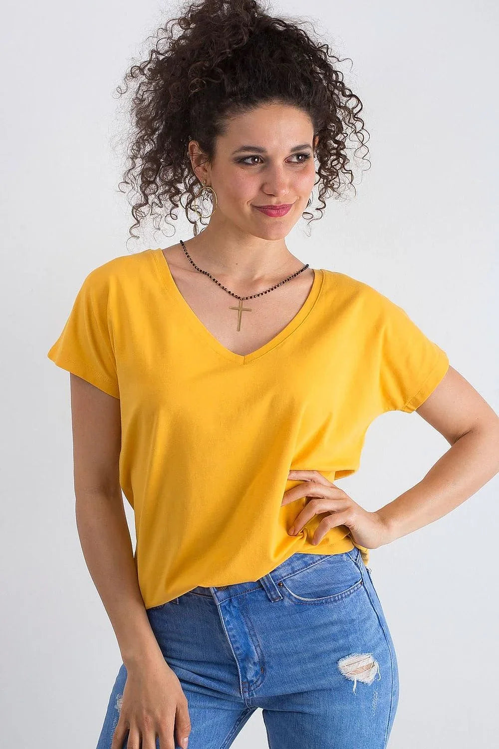 Women V-Neck Short-Sleeves T-Shirt – Stretchable - Yellow -Guocali