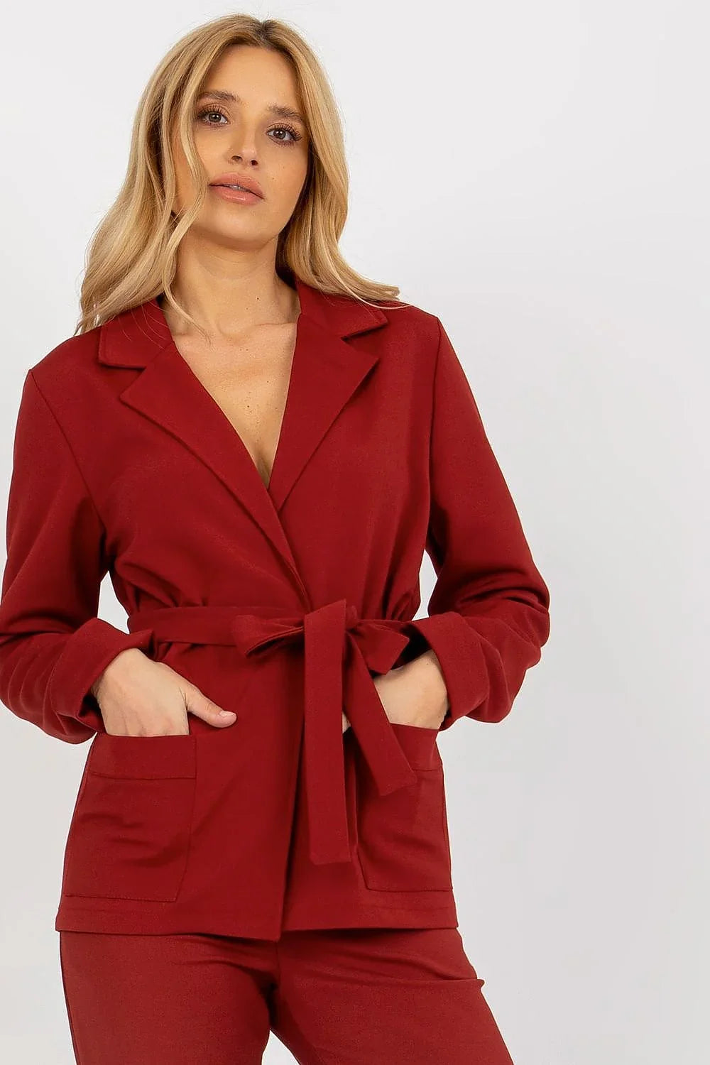 Women's Blazer - Belted Wrap Solid Wool - Regular Fit Hip-Length - Red – Suit Jacket | GUOCALI