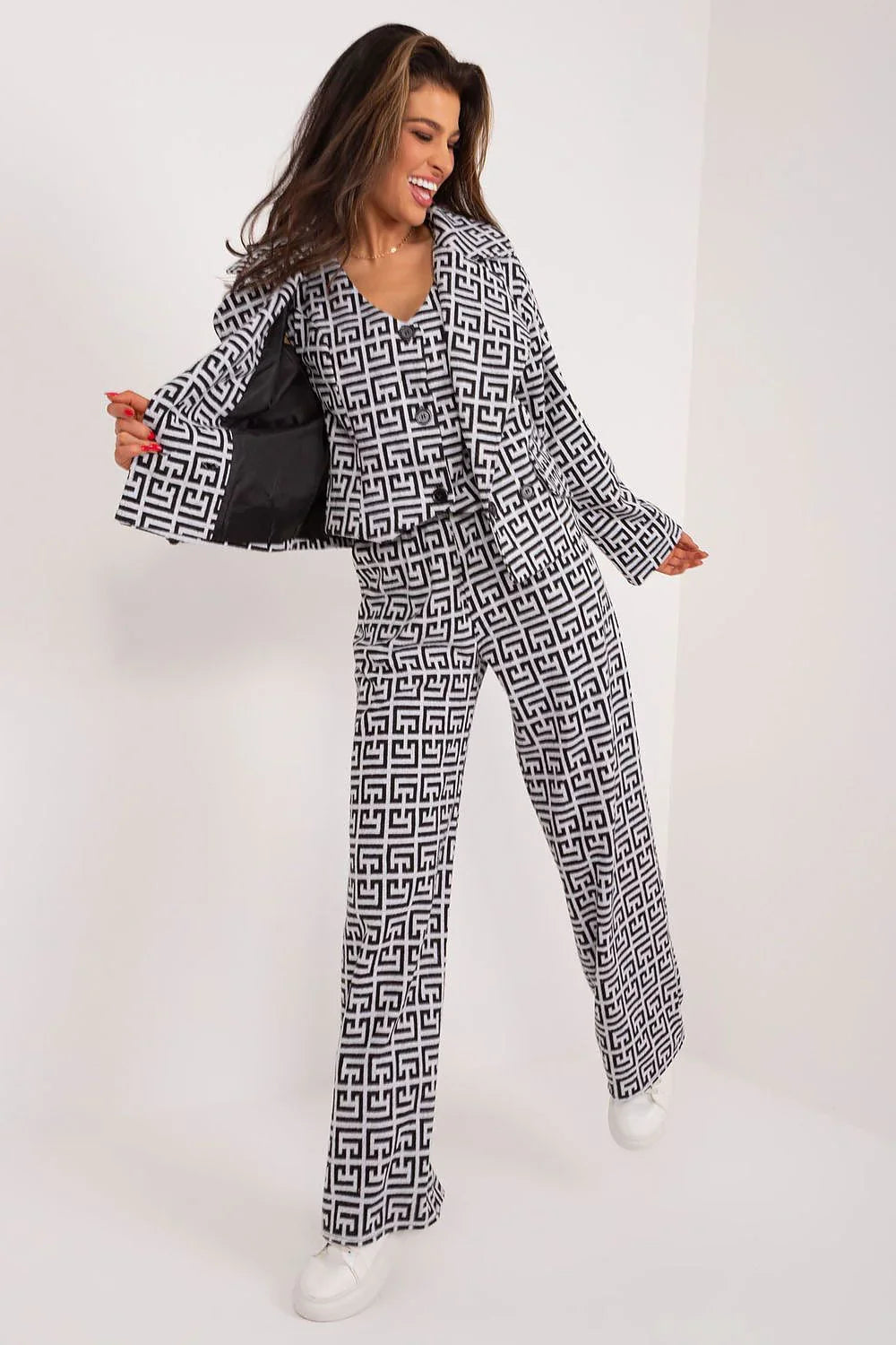 Women's Blazer - Double-Breasted Geometric - Regular Fit Hip-Length - Black – Suit Jacket | GUOCALI – view 2