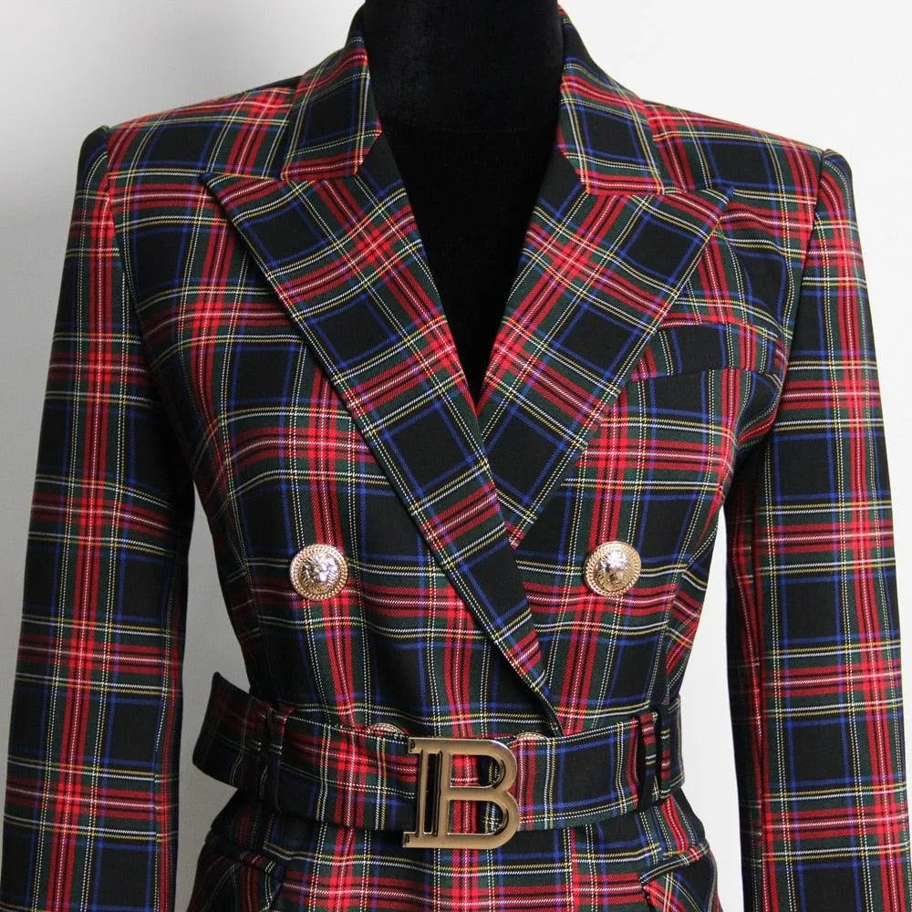 Women's Blazer - Double-Breasted Plaid - Slim Fit Thigh-Length - Black – Blazer | GUOCALI – view 3