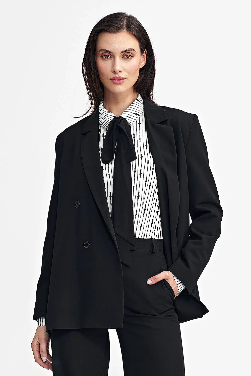 Women's Blazer - Double-Breasted Solid Linen - Oversized Thigh-Length - Black – Blazer | GUOCALI – view 4