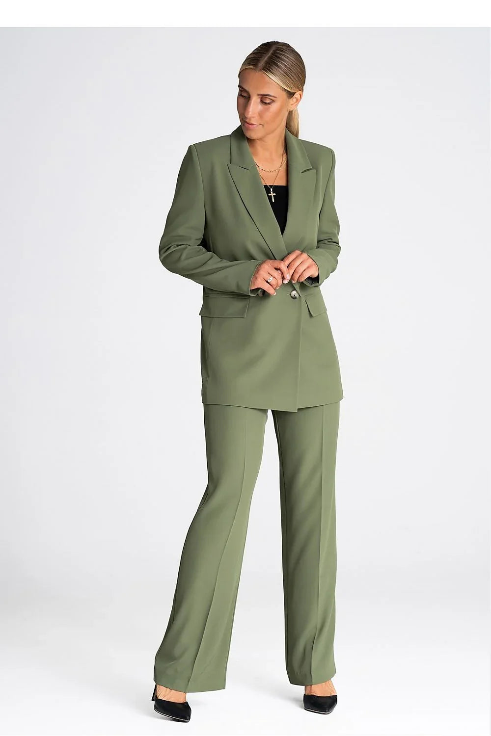 Women's Blazer - Double-Breasted Solid Linen - Regular Fit Hip-Length - Green – Suit Jacket | GUOCALI – view 2