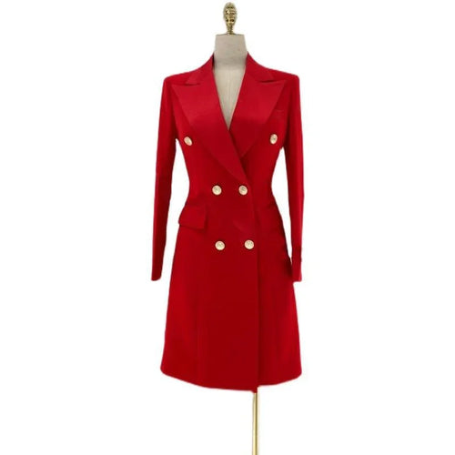 Women's Blazer - Double-Breasted Solid - Slim Fit Thigh-Length - Beige & Red – Blazer | GUOCALI