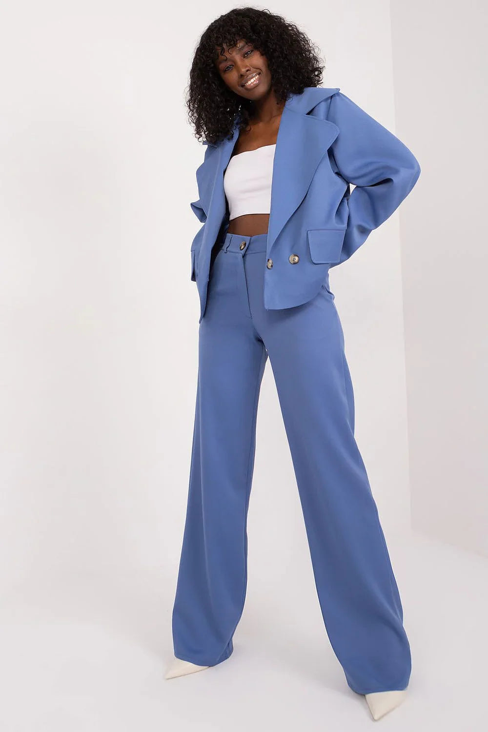 Women's Blazer - Double-Breasted Solid Stretch Satin - Oversized Cropped - Blue – Suit Jacket | GUOCALI