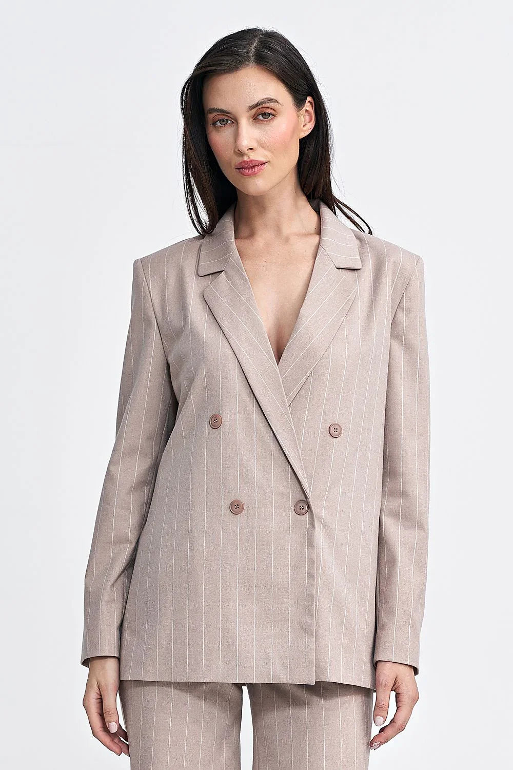 Women's Blazer - Double-Breasted Striped Satin - Oversized Hip-Length - Beige – Suit Jacket | GUOCALI