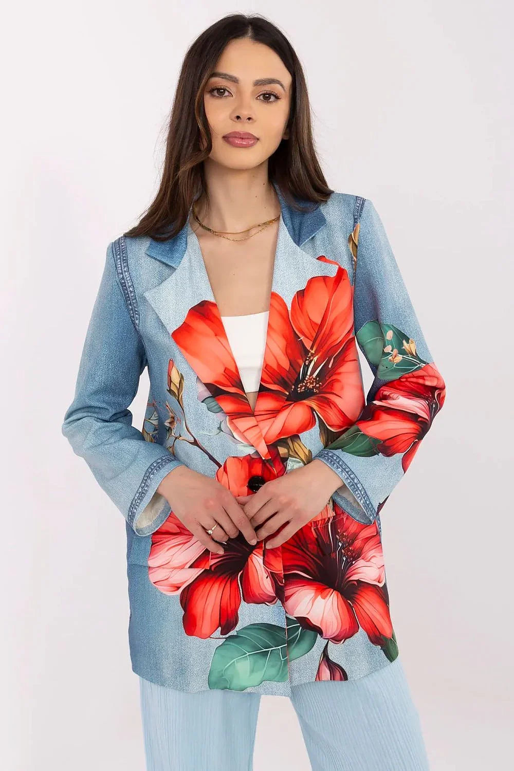 Women's Blazer - One-Button Floral - Regular Fit Thigh-Length - Blue – Blazer | GUOCALI