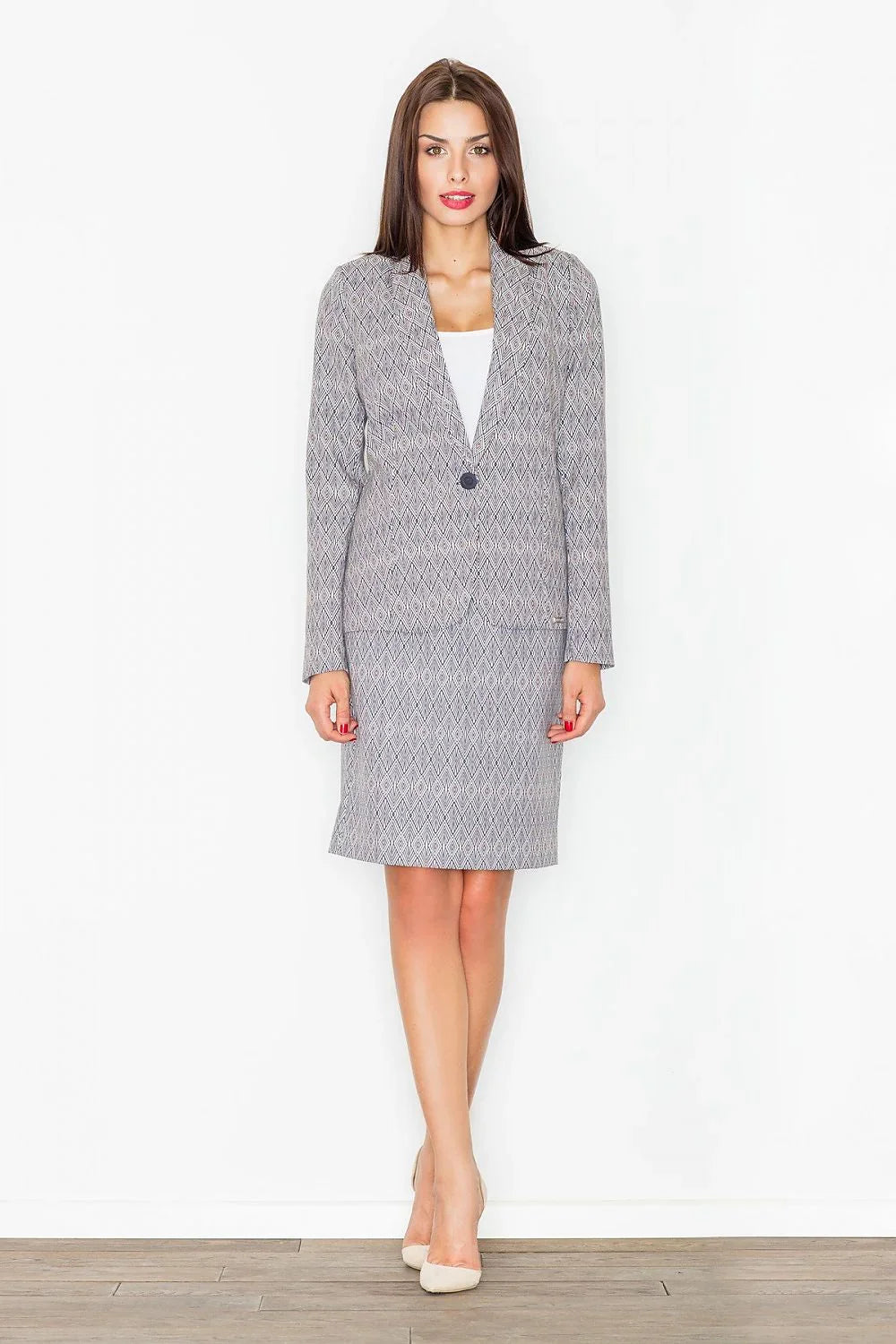 Women's Blazer - One-Button Geometric Modal - Regular Fit Hip-Length - Grey | Figl – Blazer | GUOCALI – view 2