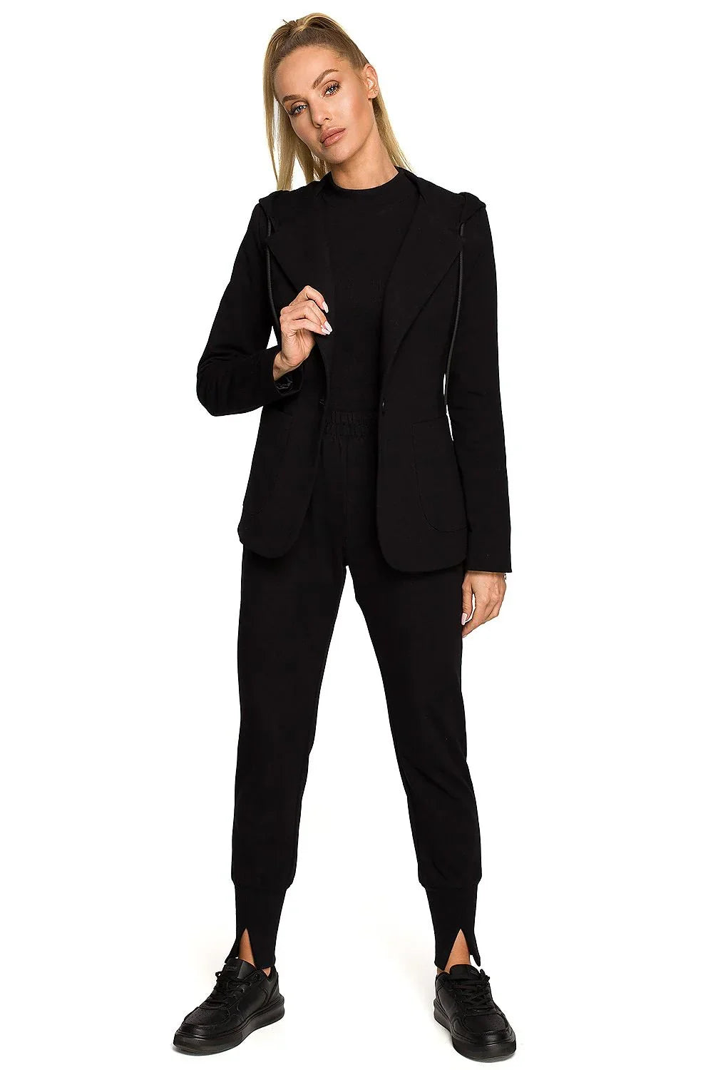 Women's Blazer - One-Button Solid Cotton - Regular Fit Hip-Length - Black – Suit Jacket | GUOCALI – view 2