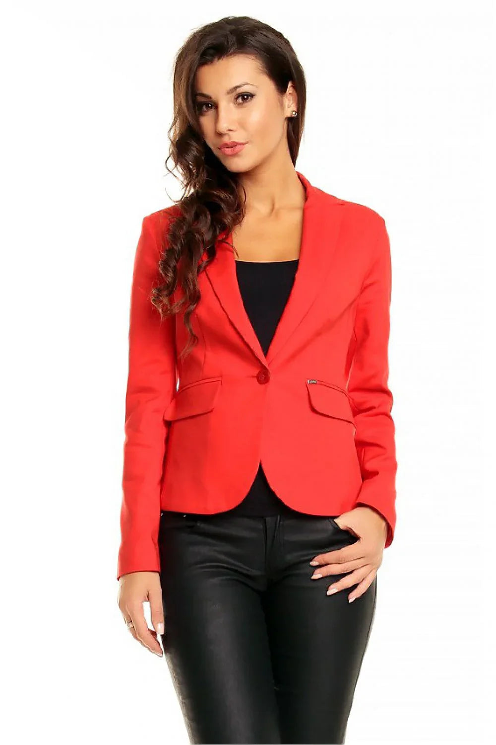 Women's Blazer - One-Button Solid Linen-Cotton - Slim Fit Cropped - Red – Blazer | GUOCALI – view 2