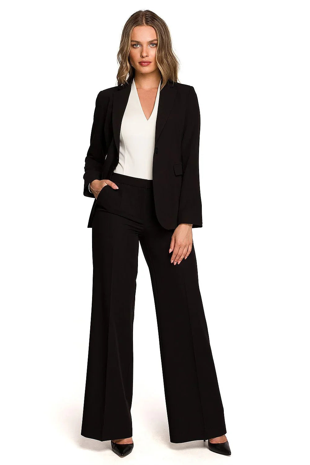 Women's Blazer - One-Button Solid Stretch Linen - Regular Fit Hip-Length - Black – Blazer | GUOCALI – view 2