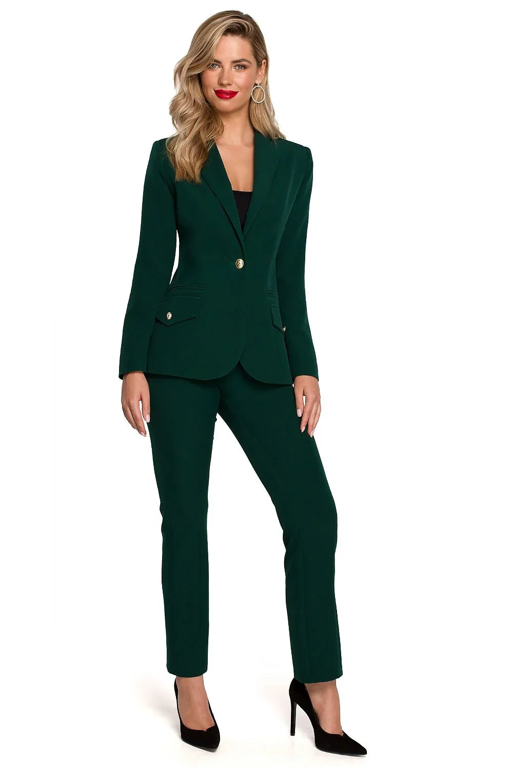 Women's Blazer - One-Button Solid Stretch Linen - Regular Fit Hip-Length - Green | Makover – Blazer | GUOCALI – view 2