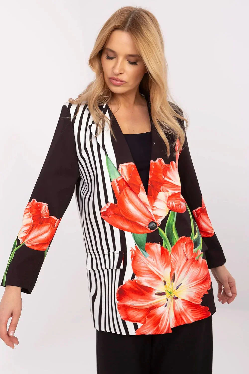 Women's Blazer - One-Button Striped - Regular Fit Hip-Length - Black – Blazer | GUOCALI