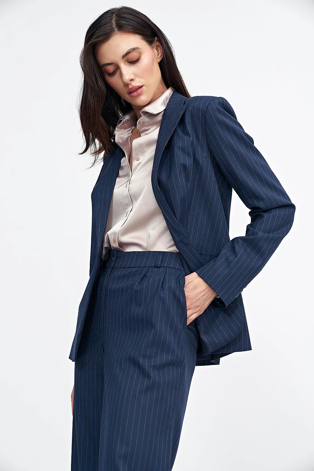 Women's Blazer - One-Button Striped Stretch Satin - Slim Fit Hip-Length - Navy – Suit Jacket | GUOCALI – view 2