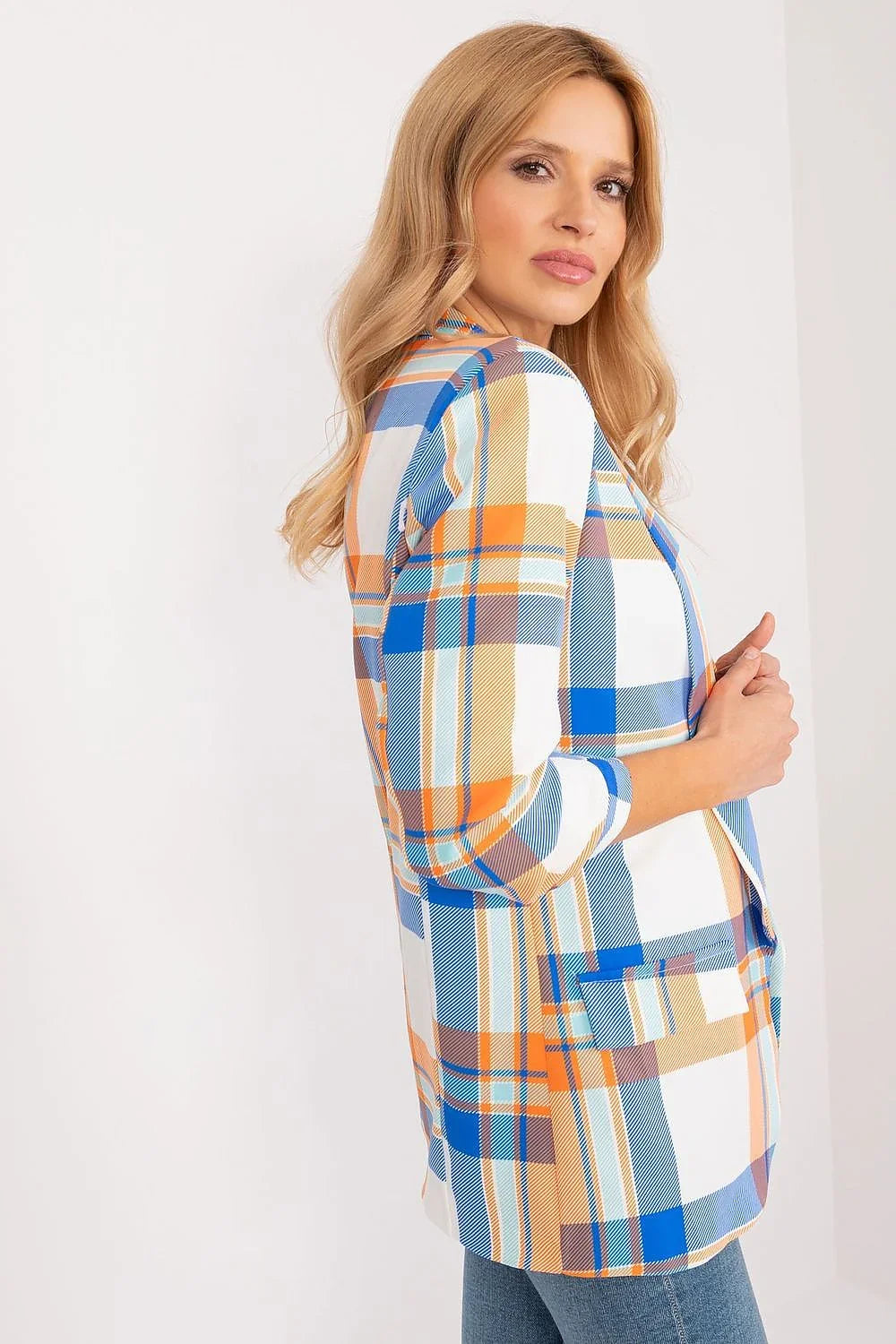 Women's Blazer - Open-Front Checkered - Regular Fit Hip-Length - White – Blazer | GUOCALI – view 2