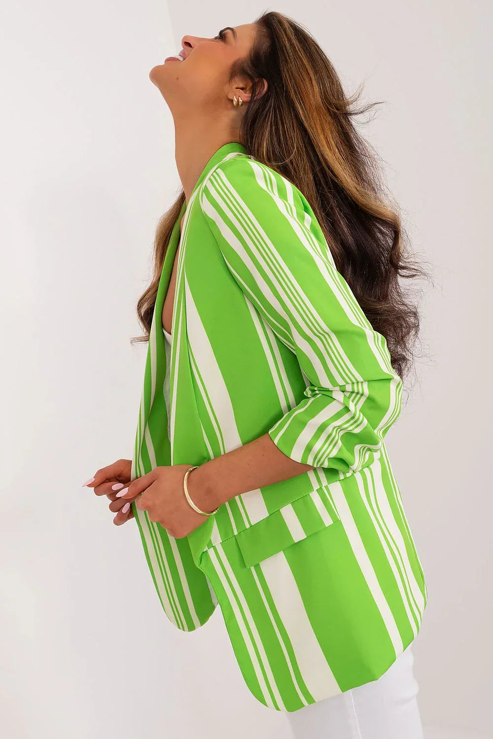 Women's Blazer - Open-Front Striped - Slim Fit Hip-Length - Green – Blazer | GUOCALI – view 2
