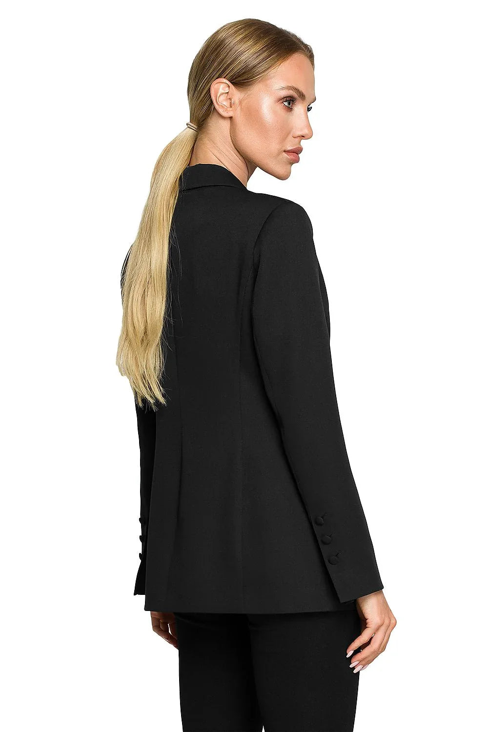 Women's Blazer - Single-Breasted Solid Linen - Slim Fit Hip-Length - Black – Blazer | GUOCALI – view 3