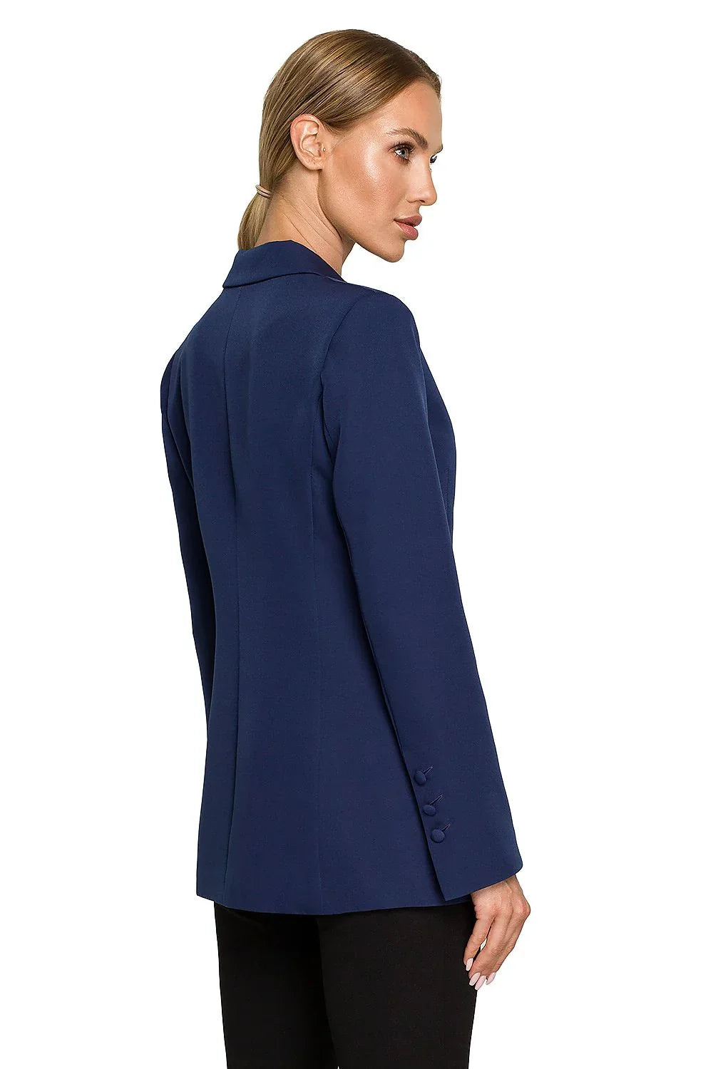 Women's Blazer - Single-Breasted Solid Linen - Slim Fit Hip-Length - Navy – Blazer | GUOCALI – view 3