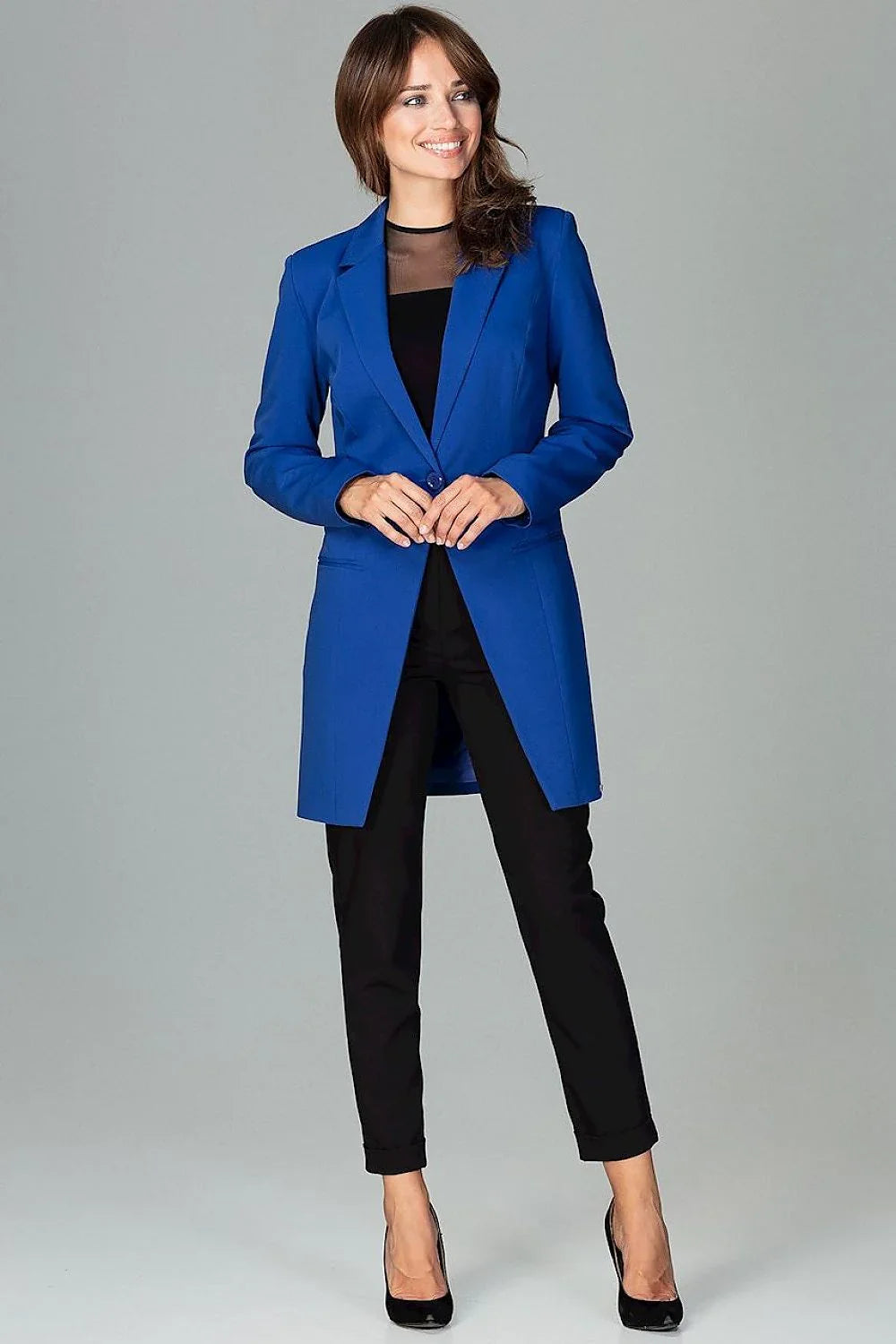Women's Blazer - Single-Breasted Solid Wool - Regular Fit Thigh-Length - Blue – Blazer | GUOCALI – view 2