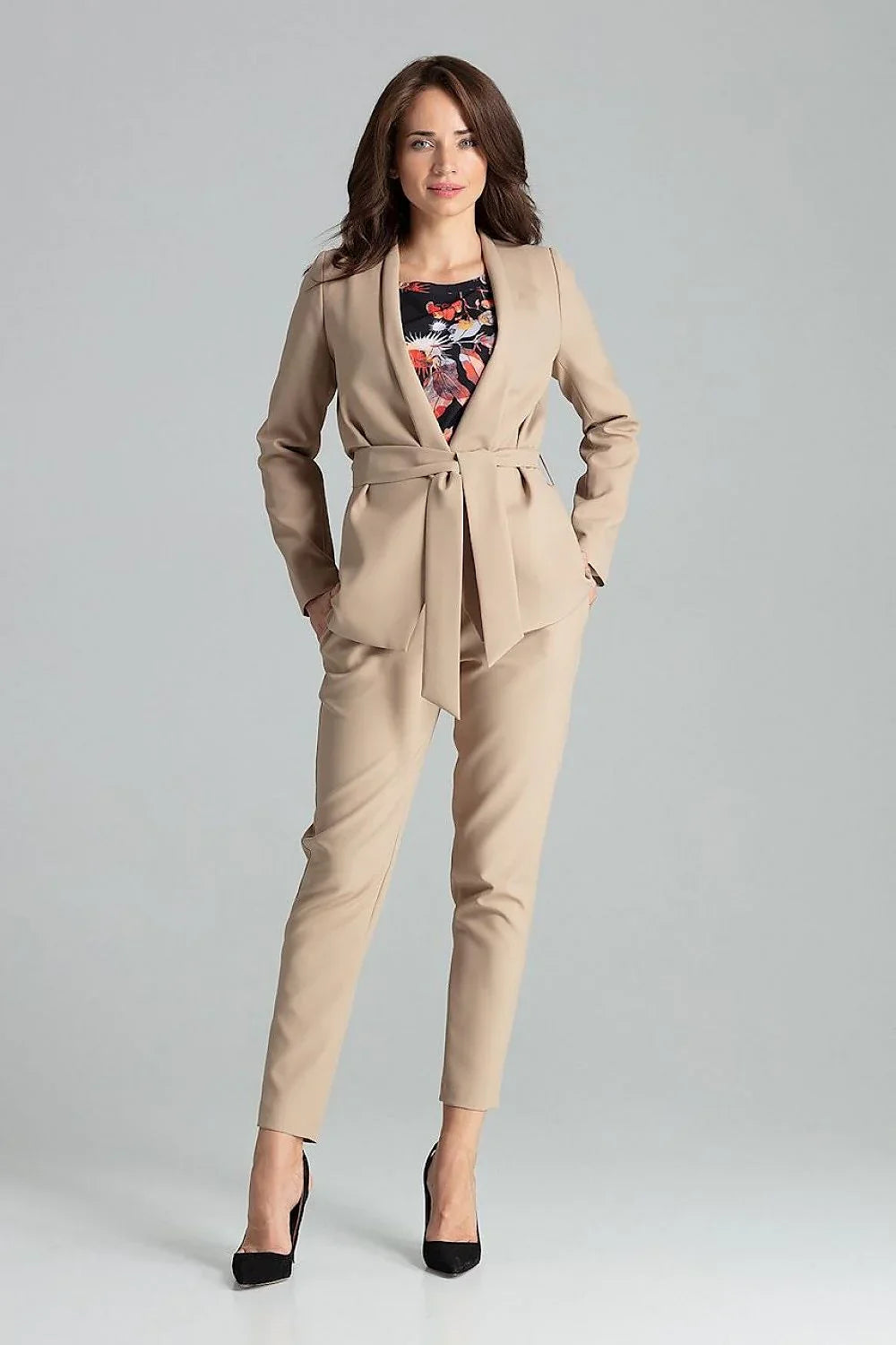 Women's Blazer - Tie-Waist Wrap Solid - Regular Fit Hip-Length - Beige – Suit Jacket | GUOCALI – view 4