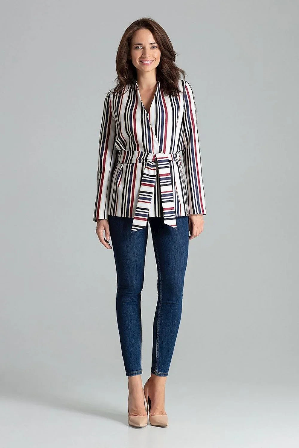 Women's Blazer - Tie-Waist Wrap Striped - Regular Fit Hip-Length - White – Blazer | GUOCALI – view 2